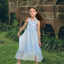 Little Girls' Ruffled Tulle Summer Dress With Floral Print Garden Parties