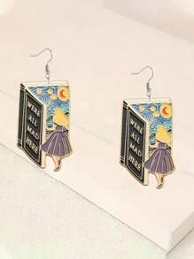A Pair Of Art Fairy Tale Book Earrings Featuring 2D Flat Alice Images And Classic Quotes For Casual Gatherings. Acrylic Everyday Wear Earrings For Men And Women