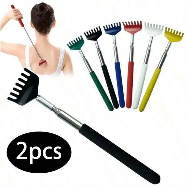 2 peças de massageador telescópico extensível para as costas em aço inoxidável, ferramenta anti-coceira extensível, garra relaxante para as costas, gua sha, drenagem linfática, celulite, coçadores para as costas, escola, volta às aulas, viagem, itens essenciais para viagem, itens essenciais para casa, spa, ferramenta de massagem, massagem, massageador, spa