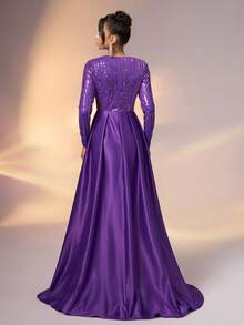 YISIKADO Women's Formal Ball Gown Luxurious Elegant Sequin Contrast Satin Long Sleeve Dress - 紫色 - 查看 2