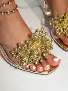 女士高跟凉鞋，新款夏季凉鞋，简约方头凉鞋，一脚蹬穆勒鞋，珊瑚和人造珍珠装饰，银色金属高跟鞋，适合海滩、露营、性感、舒适、派对、婚礼、郊游。情人节时尚凉鞋 - 金色 - 查看 4