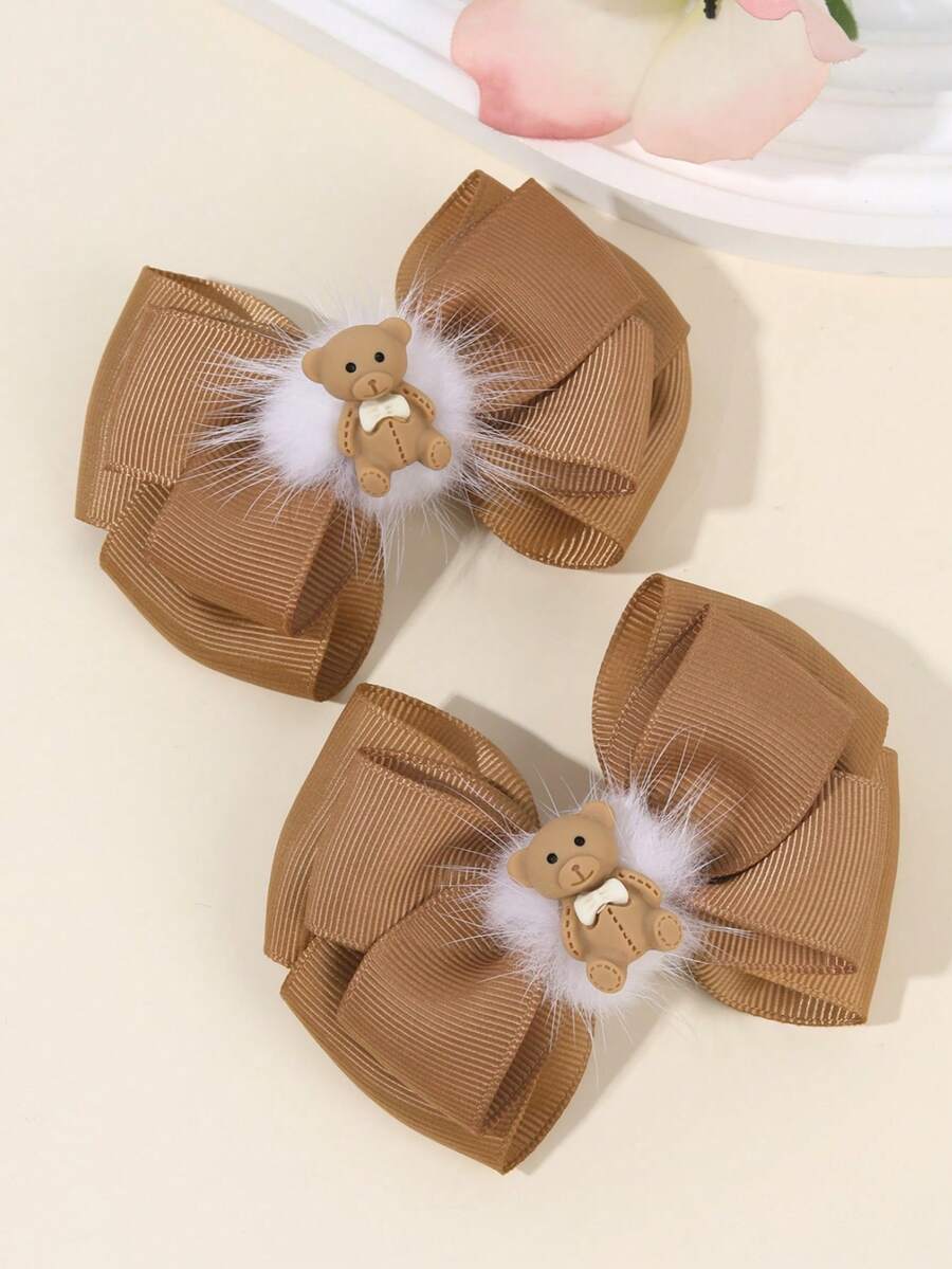 2个女孩发夹，可爱小熊发饰，双层棕色蝴蝶结发夹，鳄鱼夹，青少年发饰，适合日常生活