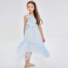Little Girls' Ruffled Tulle Summer Dress With Floral Print Garden Parties