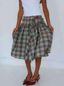 Women Plaid Bandaged Midi Skirt Y2K Gingham Low Rise Tie Waist A Line Maxi Skirt Vintage Checkered Pleated Swing Long Skirts Streetwear - Nhiều màu - Xem 4