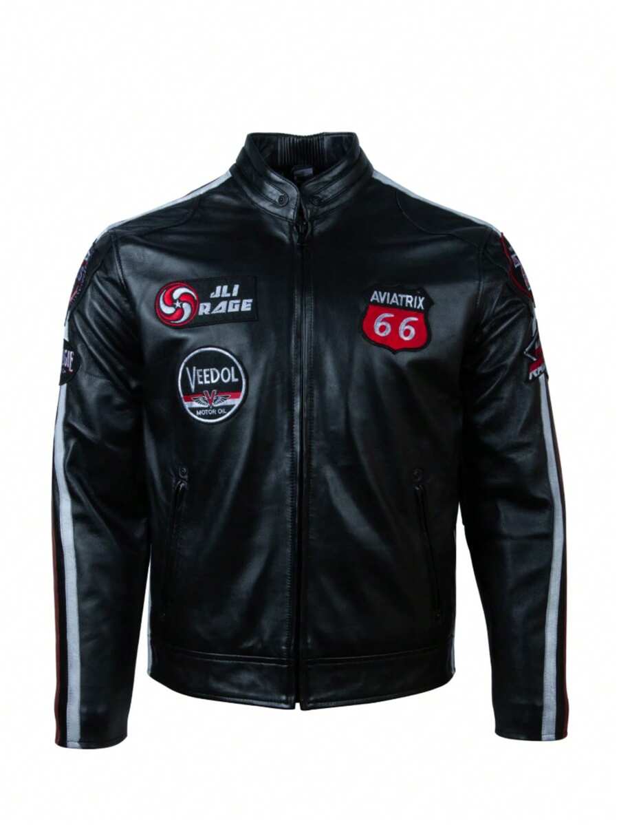 AVIATRIX Men's Real Leather Biker Jacket LSS3 Black - Black - View 1
