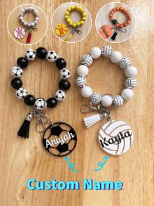 1pc Custom Sports Wristlet Bracelet Keychains, Customizable With Name, Personalized Wood Beads Sports Print Soccer Bracelet Keychains, Acrylic Print Volleyball Sports Wristlet Bracelet Keychain, Sports Wristlet Soccer/Volleyball/Basketball/Baseball