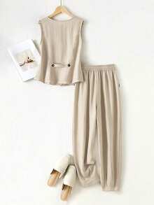 Women Spring Summer Casual Resort Linen Blazer, Vest And Pants Set