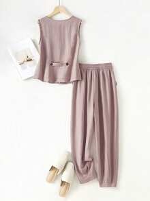 女士休闲春夏亚麻背心和裤子套装，适合度假