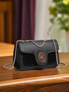 Retro-modische Damen Umhängetasche, elegante Kette Umhängetasche, kleine Handytasche mit Lychee-Textur - Schwarz - Übersicht 2