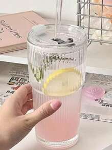 1pc 20.29oz Large Striped Glass Cup With Lid - Insulated, Reusable, Suitable For Cold Drinks, Juices And Coffee - Ideal For Home, Office And Holiday Gatherings