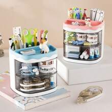 1Pc Rotating Drawer Style Storage Box Pen Holder, For Desktop Storage Pencil Storage Rack Cute Desktop Pen Cup Makeup Brush Container Home Decoration Stationery Storage Multifunctional Storage Box,Back To School,School Supplies,Pencil Case,Pencil Pouch,School Bag