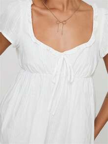 Women Summer Casual Short Dress Short Sleeve Solid Color/Stripe Print Square Neck Empire Waist Mini Dress - 白色 - 查看 5