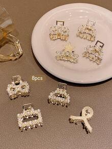 8pcs/Set Korean Style Rhinestone & Faux Pearl Metal Hair Clips - Multicolor - View 6