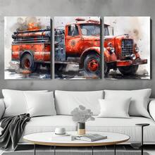 Set Of 3 Watercolor Fire Truck Wall Art Canvas Painting, Vintage Fire Truck Poster Print With Frame, Suitable For Modern Home Dining Room, Kitchen, Living Room, Bathroom, Apartment, B&B, Hallway, Studio, Kids Room, Nursery, Kindergarten, Classroom, Villa, Gallery, Nursery, Study, Home Office Decoration Ready To Hang ,Wall Art With Frame