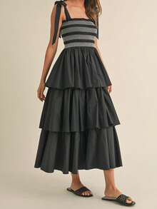 Womens Tie Shoulder Dress Summer Sleeveless Smocked Bust Tiered Ruffle Dress Long Flowy Dress - Black - View 2