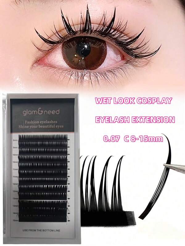 GLAM&NEED 12 rader C/D böjda wetlook lösögonfransar, typ A, lämpliga för cosplay, manga, lätta demon taggiga stilar, mjuka remsögonfransar, fluffiga minkpäls, individuella, ryska voluminösa, naturliga förformade franskluster, ögonfranstillbehör, sminkverktyg, lämpliga för dagligen, julen, hemmet, fransartister, salonger, 0,07 mm, 8-15 mm franskluster, lösögonfransar, individuella lösögonfransar