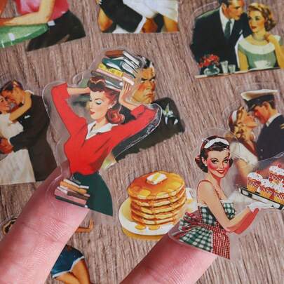 56pcs-64pcs PET And Art Paper Self-Adhesive Vintage 1950s Women Theme Aesthetic Scrapbook Sticker Pack, For DIY Crafts, Travel Diary, Scrapbooking Supplies, Junk Journals, Crafting, Collage Decoration, Clip Art