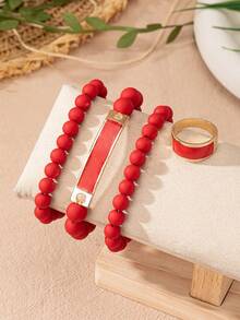 3pcs/set Fashionable Geometric Decor Beaded Bracelet For Women For Daily Decoration - Yellow Gold - View 9