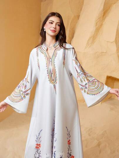 Eid Al-Adha Ramadan V-Neck Long Dress, Middle Eastern Regular Fit, Soft Fabric, Printed, Regular Sleeve, Cord, Embroidery, Rhinestone Embellishment, Elegant & Luxury Women's Arabic Jalabiya Robe