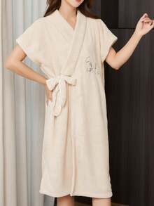 1 chiếc áo choàng không tay thêu họa tiết quả dứa bằng vải nỉ san hô, áo choàng tắm hở phía trước dễ thương, áo choàng mặc nhà mềm mại thấm hút cho nữ - Màu Khaki - Xem 7