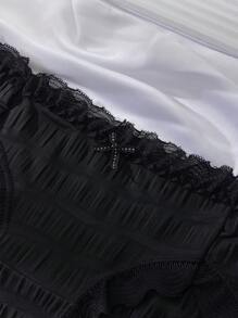 4PCS Women's Briefs, Seersucker Style, Comfortable, Soft, Sexy, Bow Design, Lace, Wavy Lace, Cute, Sweet Black Shorts, Bottom, Crotch, Lingerie, Summer Vacation