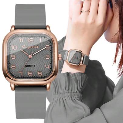 1 Pc Women's Fashion Casual Square Numeric Scale Dial Silicone Band Quartz Wrist Watch, Without Watch Box