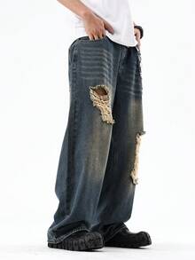 Y2K Vintage Style Men's Blue Retro Washed Loose Wide Leg Ripped Jeans Straight Leg Loose Jeans, Perfect Gift For Husband, Boyfriend - 藍色 - 查看 6