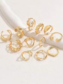 12 Pcs/Set Adjustable Asymmetrical Geometric Faux Pearl Ring Set For Women - Gold - View 7
