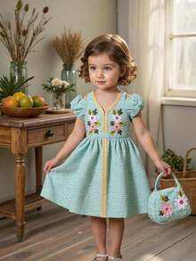 复古宫廷刺绣花卉公主裙，复古V领连衣裙配手提包，儿童高贵优雅套装 | 亲子摄影和宴会场合必备，打造艺术仙气，适合4-7岁儿童春夏穿着 - 藍色 - 查看 3