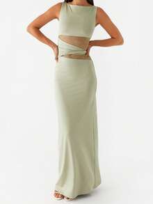 Women Long Dress Lace Patchwork Sleeveless Dress Summer Casual Fashion Bodycon Dress - 綠色 - 查看 2