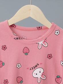 6pcs/Set Girls' Cartoon Summer Pajamas, 100% Cotton Short Sleeve Shorts Set, Toddler Young Girl Thin Sleepwear Set, Cartoon Bear & Rabbit Print - Multicolor - View 3