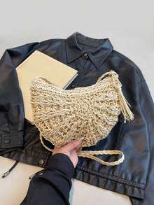 Yogodlns 女士半圆形草编包，夏季沙滩藤编单肩包，拉链编织斜挎包，波西米亚风度假夏季手工编织沙滩包带流苏，钩针镂空旅行手提腋下包 - 米色 - 查看 5