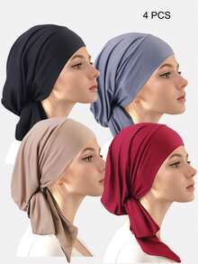 4 piezas Gorras plisadas para quimioterapia para mujeres, sombreros turbante de cola larga para uso diario - Juego de 4 piezas - Ver 25