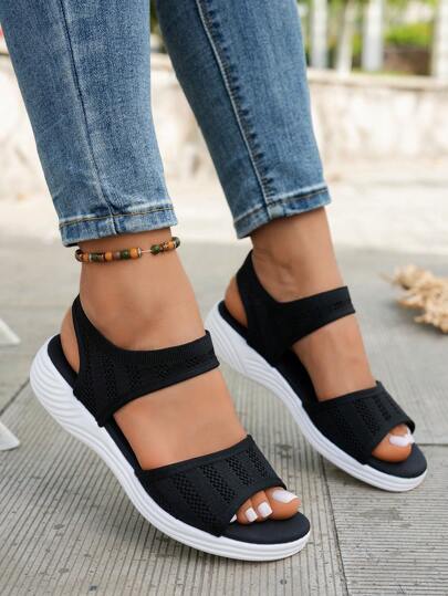 Women's Non-Slip Breathable Roman Style Sandals, Loose Elastic Casual Sports Slides, Slip-On Beach Flat Sandals, Summer 2025 New Lightweight Outdoor Sandals For Short Women, Wear With Dress, Waterproof, Comfortable & Fashionable