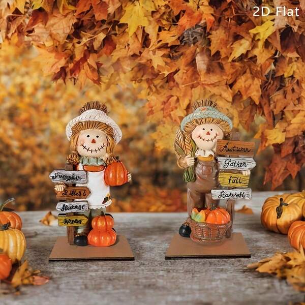 2 piezas Decoración de espantapájaros de madera plana 2D - Estilo rústico "Feliz otoño" Centro de mesa de Acción de Gracias, Durable para decoración de otoño y Halloween interior/exterior