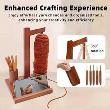 AAMTE 1pc Wooden Crochet Tool Set With Rotating Yarn Holder And Phone Stand - Multifunctional Hand Woven Yarn Storage For Knitting And Crafting, Ideal Gift For Crafting Enthusiasts