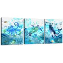 1 Set Of 3 Pcs Canvas Wall Art, Ocean Theme Animals, Modern Turtle Octopus Whale, Printed Craft Canvas Decoration For Home Decoration, Framed And Ready To Hang. ,Wall Art With Frame