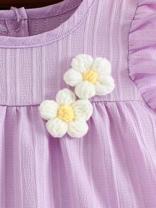 2pcs/Set Baby Girl Solid Color Casual Cute Handmade 3D Flower Cap Sleeve Dress And Headband Set - Purple - View 5