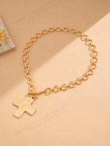 1pc Fashionable Simple Hammer Texture Cross Pendant Handmade Round Chain Necklace - Gold - View 2