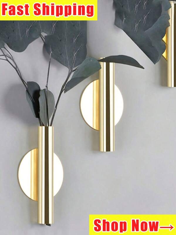 Jarrón de pared, recipiente de flor de hierro creativo, jarrón de pared de estilo escandinavo dorado para flores, sala de estar, decoración de pared sin perforación, arreglo de flores de pared de entrada cilíndrico, jarrón de flores de metal, maceta colgante de plantas falsas, decoración interior de flores falsas, jarrón de regalo de cumpleaños, graduación, decoración del hogar, decoración de la habitación, jarrón de vidrio