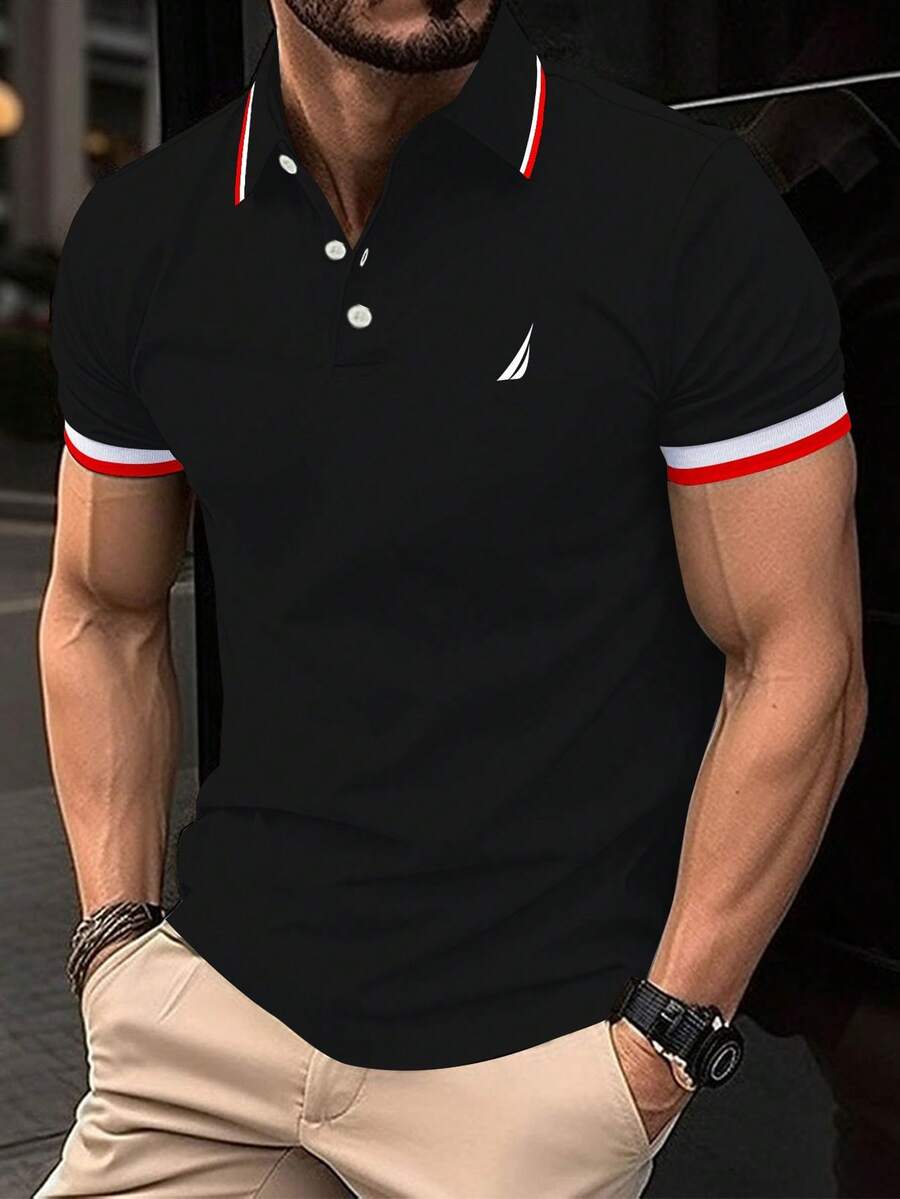 男士夏季 Polo 衫，商务休闲短袖 T 恤，透气吸湿排汗 - 黑色 - 查看 1