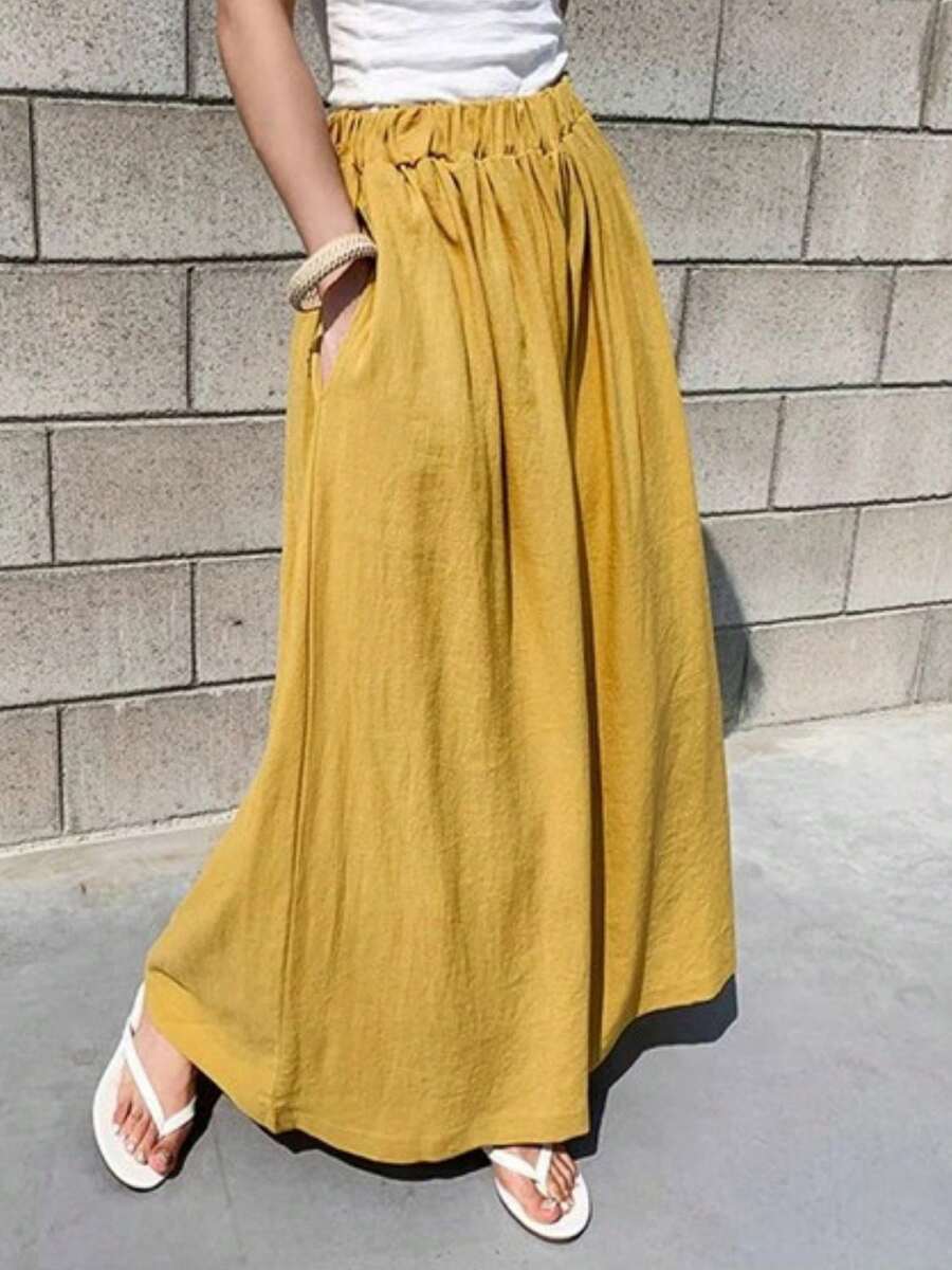 Women Wide Leg Pants, Elegant High Waist Loose Solid Casual Long Trousers Streetwear - 黃色 - 查看 1
