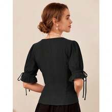 Local Shipping-For Women Summer Plus Size Lace-Up Tops,Darkness Renaissance Shirts - Black - View 5