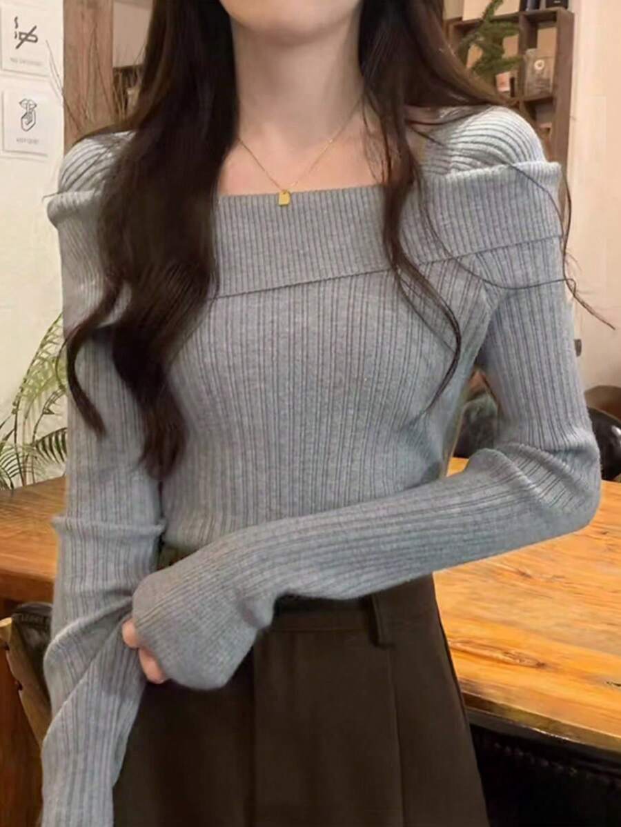 小众翻领露肩修身针织毛衣，随意图案，秋季 - 灰色 - 查看 1