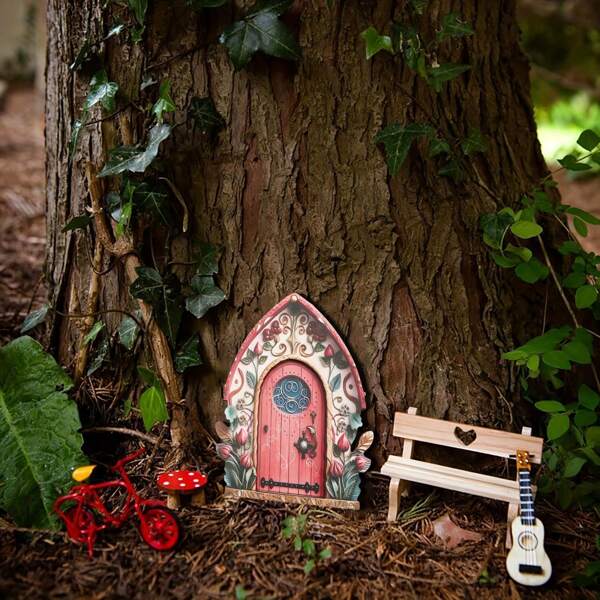 1pc Floral Fairy Door, Creative Mini 2D Door, Wooden Small Door, Great For Home, Yard, Garden And Tree Decor, 2D Decor