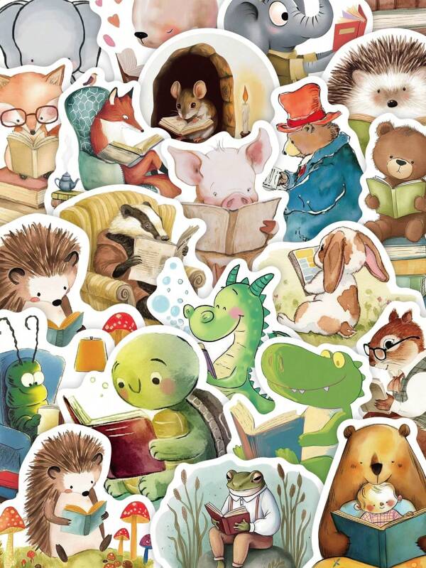 50pcs Creative Cartoon Animal Reading Decorative Stickers, Funny Decorative Stickers For Planner, Phone Case, Notebook, Tablet, Skateboard, Guitar, Party, Luggage, Boxes, Helmets, Envelopes