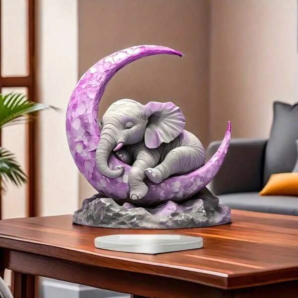 2D Acrylic Elephant Sculpture With Moon Theme, 0.3cm Thick, Exaggerated Animal Style, Classic Home, Office & Cafe Decor, Non-Electric Desktop Or Wall Decoration, Elephant Decor, Crescent Design, Delicate Details, 2D Flat Surface