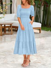 Women's Summer Casual Mid-Length Dress Square Collar Puffed Sleeve Ruffles A-Line Flower Elegant Bohemian Style Dress - 淺藍色 - 查看 4