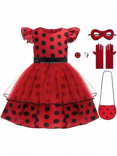Christmas Costume For Girls Polka Dots Dress +Bag Carnival Halloween Birthday Dress Up Pretend Party Role Play For Kids New Years