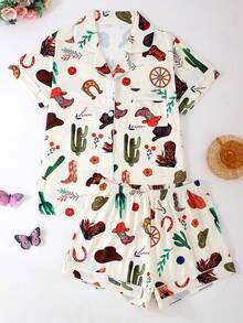 [Livanti Pajamas]2pcs/Set Women Lightweight Short Sleeve Sleepwear Set, Collared Button-Down Shirt With Floral & Cowboy Boot Prints, Comfortable & Loose Fit, Suitable For All Seasons - Apricot - View 5